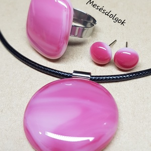 Pink márvány üvegékszer szett, Ékszer, Ékszerszett, Ékszerkészítés, Üvegművészet, Meska