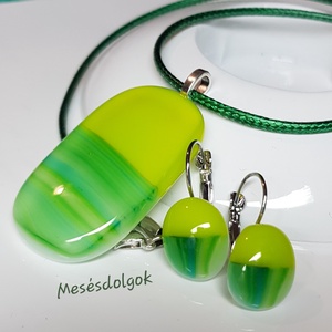 Kétszínű márványos üvegékszer medál fülbevalóval, Ékszer, Ékszerszett, Ékszerkészítés, Üvegművészet, Meska