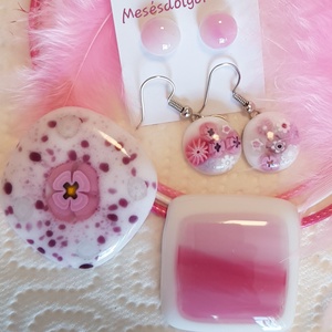 Anya lánya pink flower üvegékszer szett 2medál 2pár füli, Ékszer, Ékszerszett, Ékszerkészítés, Üvegművészet, Meska