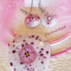 Anya lánya pink flower üvegékszer szett 2medál 2pár füli - ékszer - ékszerszett - Meska.hu