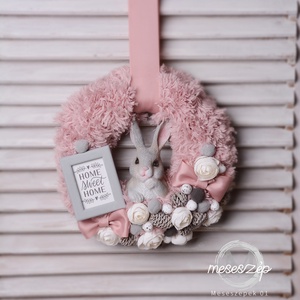 Hűsvéti Cuki nyuszi HOME sweet home, Ünnepi díszek, dekorációk, Húsvéti díszek és dekorációk, Húsvéti ajtódísz, kopogtató, Mindenmás, Virágkötés, MESKA