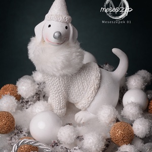 Téli fehér kutya   karácsonyi asztaldísz - karácsony - karácsonyi lakásdekoráció - karácsonyi manók, figurák - Meska.hu