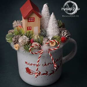 Bögrényi téli faház   karácsonyi asztaldísz, Karácsony, Karácsonyi lakásdekoráció, Ünnepi asztaldekoráció, Virágkötés, MESKA