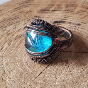 Kék üveglencsés rézdrót gyűrű, Ékszer, Gyűrű, Üveglencsés gyűrű, Ékszerkészítés, Újrahasznosított alapanyagból készült termékek, MESKA