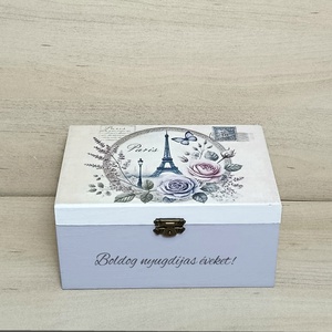 Díszdoboz nyugdíjba vonulásra - Eiffel torony mintás ajándék, Otthon & Életmód, Dekoráció, Asztal és polc dekoráció, Díszdoboz, Decoupage, transzfer és szalvétatechnika, Festett tárgyak, MESKA