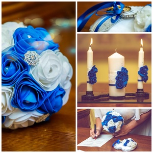 Kék-Fehér boglárkákkal, brossokkal díszített esküvői csokor - esküvő - menyasszonyi- és dobócsokor - Meska.hu