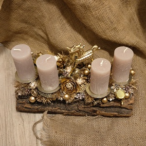 Arany színvilágú fahasábra ültetett adventi koszorú - karácsony - adventi díszek - adventi asztaldísz - Meska.hu