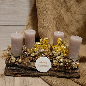 Arany hintalovas, fahasábra ültetett adventi koszorú - karácsony - adventi díszek - adventi asztaldísz - Meska.hu