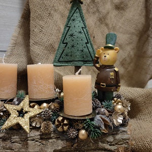 Adventi asztali dísz cserélhető gyertyákkal, macival - karácsony - adventi díszek - adventi koszorú - Meska.hu