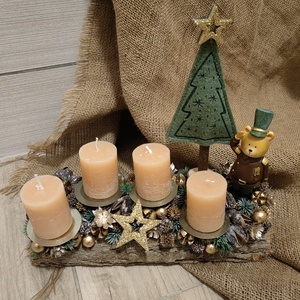 Adventi asztali dísz cserélhető gyertyákkal, macival - karácsony - adventi díszek - adventi koszorú - Meska.hu
