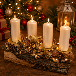 Adventi koszorú arany verébbel cserélhető gyertyákkal - Meska.hu
