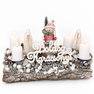 Fahasábra ültetett adventi koszorú síelő hóemberrel - karácsony - adventi díszek - adventi koszorú - Meska.hu