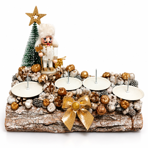 Arany-fehér fahasábra ültetett adventi koszorú - karácsony - adventi díszek - adventi koszorú - Meska.hu