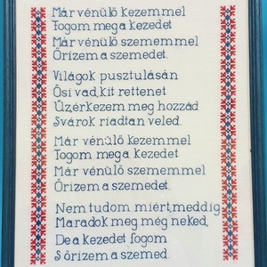 Ady Endre - Őrizem a szemed című verse - kék hímzett kép palóc mintával és kék színű fakerettel - Meska.hu