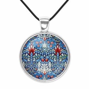 Kék-piros üveglencsés medál William Morris-mintával - ékszer - nyaklánc - medálos nyaklánc - Meska.hu
