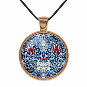 Kék-piros üveglencsés medál William Morris-mintával - ékszer - nyaklánc - medálos nyaklánc - Meska.hu