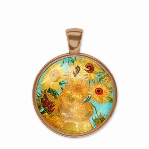 Sárga-türkiz medál Van Gogh napraforgóival - ékszer - nyaklánc - medál - Meska.hu