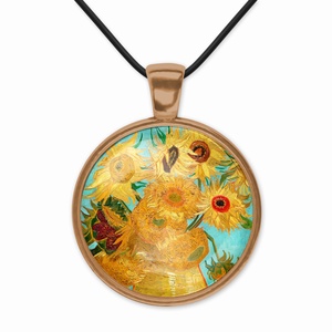 Sárga-türkiz medál Van Gogh napraforgóival - ékszer - nyaklánc - medál - Meska.hu