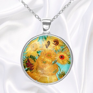 Sárga-türkiz medál Van Gogh napraforgóival - ékszer - nyaklánc - medál - Meska.hu
