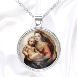 Madonna gyermekével medál, üveglencsés medál Raffaello festményével, anyák napi ajándék - ékszer - nyaklánc - medál - Meska.hu