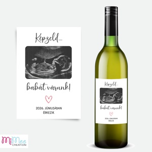 Baba bejelentő boros címke, bababejelentő üveg matrica ultrahang fotóval, személyre szabható szöveggel, Otthon & Életmód, Papír, írószer, Matrica, matrica csomag, Fotó, grafika, rajz, illusztráció, Papírművészet, MESKA