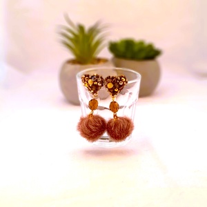 Barna gyöngyös, nyuszi pom-pom-os  fülbevaló., Ékszer, Fülbevaló, Lógó fülbevaló, , MESKA