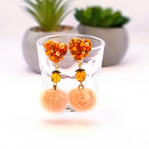 Narancssárga gyöngyös, nyuszi pom-pom-os  fülbevaló., Ékszer, Fülbevaló, Lógó fülbevaló, , MESKA