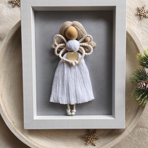 Makramé angyal képkeretben, Karácsony, Karácsonyi lakásdekoráció, Karácsonyi lakásdíszek, Csomózás, MESKA