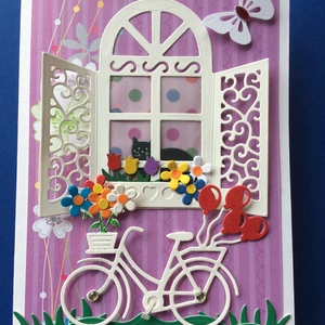 Anyáknapi,születésnapi,névnapi képeslap, bicikli, cica 3D, anyák napja, ablak -  - Meska.hu