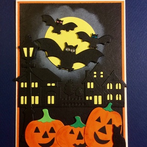 Halloween képeslap, denevér, töklámpás, macska, ház, hold - otthon & lakás - papír írószer - képeslap & levélpapír - Meska.hu