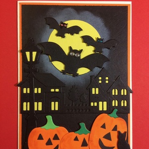 Halloween képeslap, denevér, töklámpás, macska, ház, hold - otthon & lakás - papír írószer - képeslap & levélpapír - Meska.hu
