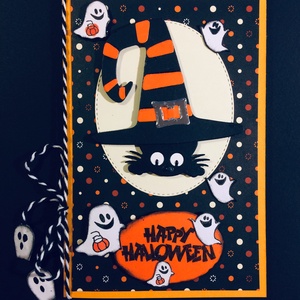 Halloween képeslap szellem, cica, kalap - halloweeni meghívó, képeslap, ajándékkísérő - halloweeni meghívó, képeslap, ajándékkísérő - Meska.hu