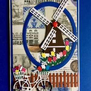 Szélmalom képeslap, tulipán, bicikli, virág, Hollandia, Otthon & Lakás, Papír írószer, Képeslap & Levélpapír, Papírművészet, Decoupage, transzfer és szalvétatechnika, Meska