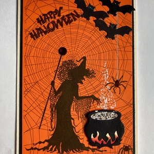 Halloween képeslap, boszorkány, denevér, pók, pókháló, Otthon & Életmód, Papír, írószer, Ajándékozás kellékei, Képeslap, üdvözlőlap, Papírművészet, MESKA