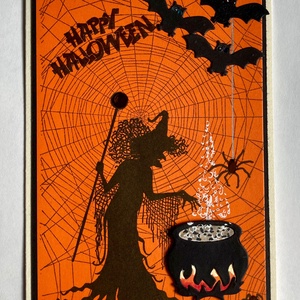 Halloween képeslap, boszorkány, denevér, pók, pókháló - otthon & életmód - papír, írószer - ajándékozás kellékei - képeslap, üdvözlőlap - Meska.hu