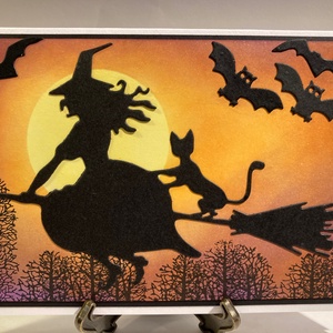 Halloween Boszorkány képeslap, fekete macska, denevér - otthon & életmód - papír, írószer - Meska.hu