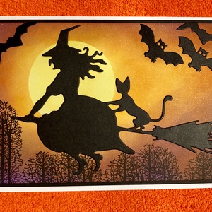 Halloween Boszorkány képeslap, fekete macska, denevér - otthon & életmód - papír, írószer - Meska.hu