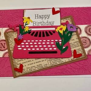 Írógép születésnapi képeslap, üzenet, ajándékkísérő, retró írógép, gépelés, virág, gépelt szöveg, Otthon & Lakás, Papír írószer, Képeslap & Levélpapír, Papírművészet, Meska