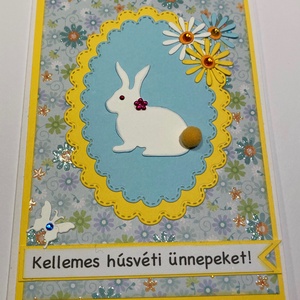 Húsvéti nyuszis képeslap, Húsvét, nyuszi, virág, Otthon & Életmód, Papír, írószer, Képeslap, üdvözlőlap, Ajándékozás kellékei, Papírművészet, MESKA