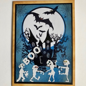 Halloween Kísértetház képeslap, denevér, csontváz, kísértet, Otthon & Életmód, Dekoráció, Halloween, Halloweeni meghívó, képeslap, ajándékkísérő, Papírművészet, MESKA