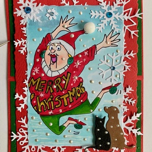 Karácsonyi képeslap,  karácsony, hó, hópehely , kutya, cica - Meska.hu