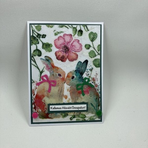 Nyuszik húsvéti képeslap, ajándékkísérő, Otthon & Életmód, Papír, írószer, Ajándékozás kellékei, Képeslap, üdvözlőlap, Decoupage, transzfer és szalvétatechnika, Papírművészet, MESKA