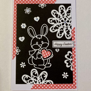 Nyuszi pöttyös szívvel húsvéti képeslap, ajándékkísérő, Otthon & Életmód, Papír, írószer, Ajándékozás kellékei, Képeslap, üdvözlőlap, Papírművészet, MESKA