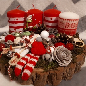 Adventi asztaldísz farönkszeleten -piros -  - Meska.hu