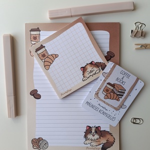 Jegyzettömb, könyvjelző szett - cica kávés, Otthon & Életmód, Papír, írószer, Jegyzetfüzet & Napló, Fotó, grafika, rajz, illusztráció, MESKA