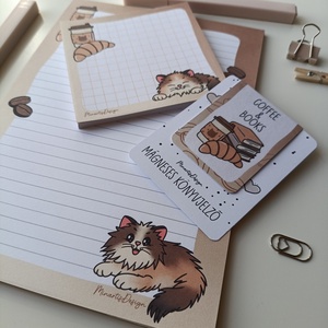 Jegyzettömb, könyvjelző szett - cica kávés - otthon & életmód - papír, írószer - jegyzetfüzet & napló - Meska.hu