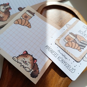 Jegyzettömb, könyvjelző szett - cica kávés - otthon & életmód - papír, írószer - jegyzetfüzet & napló - Meska.hu