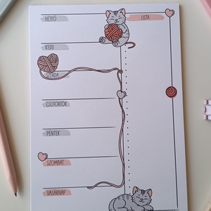 Heti tervező tömb - cicás gombolyagos, Otthon & Életmód, Papír, írószer, Jegyzetfüzet & Napló, Fotó, grafika, rajz, illusztráció, MESKA