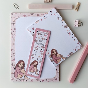 Csajos virágos jegyzettömb szett és könyvjelző, Otthon & Életmód, Papír, írószer, Jegyzetfüzet & Napló, Fotó, grafika, rajz, illusztráció, MESKA