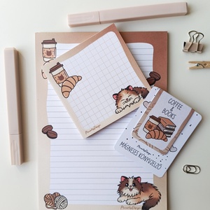 Jegyzettömb, könyvjelző szett - cica kávés, Otthon & Életmód, Papír, írószer, Jegyzetfüzet & Napló, Fotó, grafika, rajz, illusztráció, MESKA